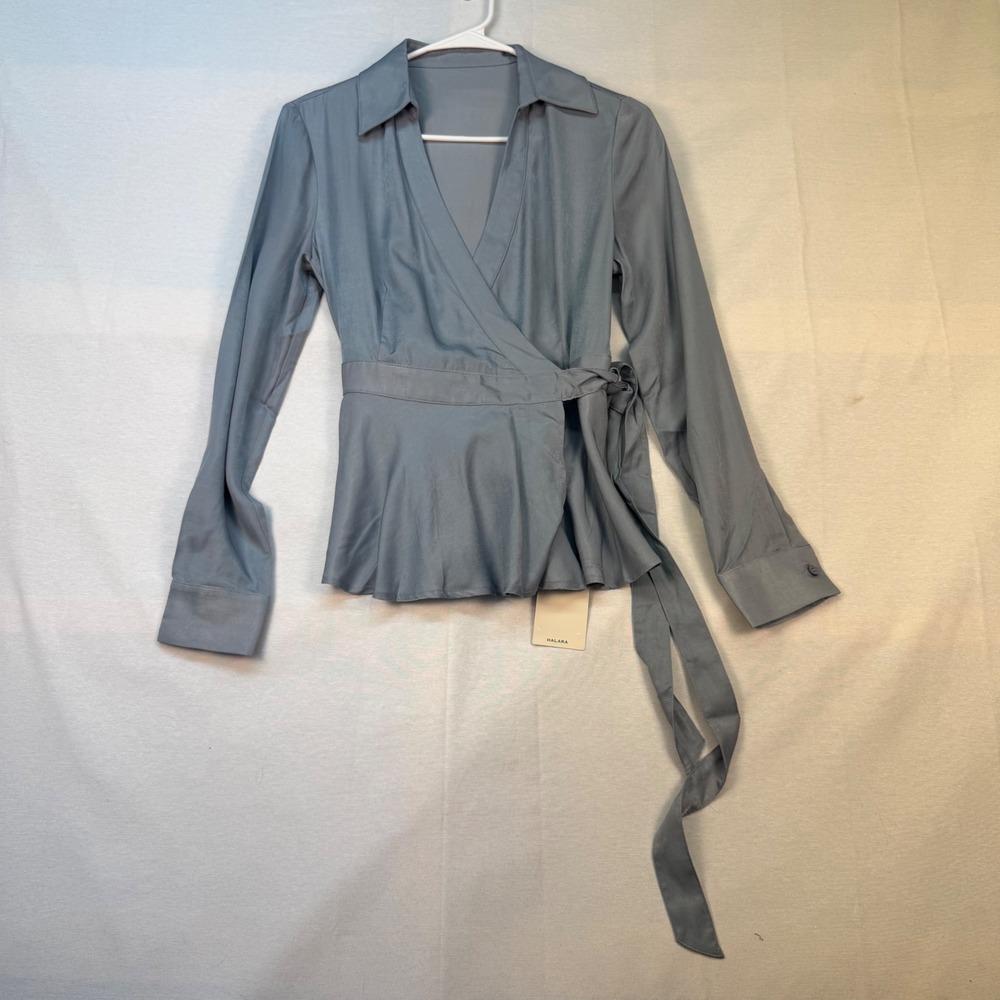 Halara Women XS Blue Long Sleeve Collared Wrap Peplum Blouse Top NWT
